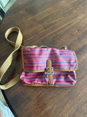Fossil Pink Striped Crossbody with Tan Trim
